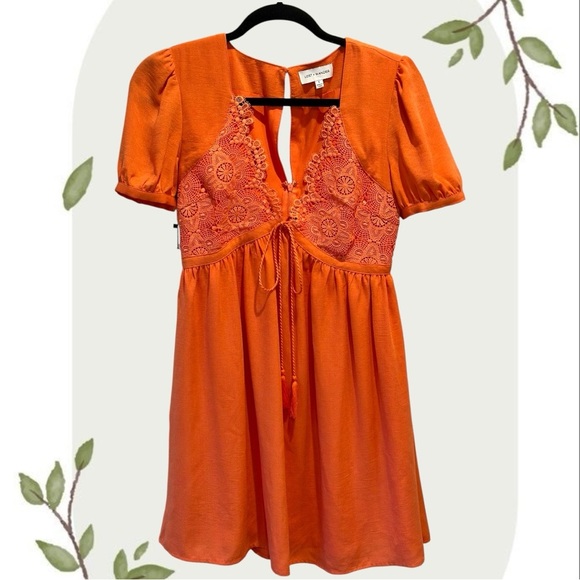 Lost + Wander Orange Crochet Boho Short Sleeve Mini Dress- Size Small - Picture 1 of 5